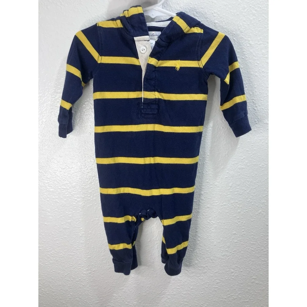 Ralph Lauren Baby Romper One-Piece Hooded Rugby Navy Yellow Stripe Size 6 Months